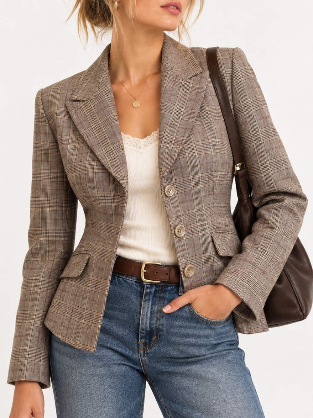 Due Per Due Vintage Y2K Glen Plaid Blazer Brown Fitted Academia Jacket Small